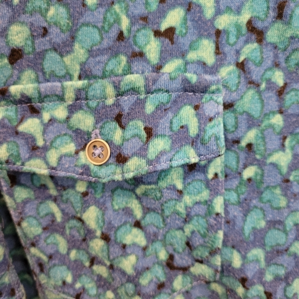 Liz Clayborne Petite Small Rayon Blue Print Top Pockets Button Neck Silky Feel - Picture 5 of 8